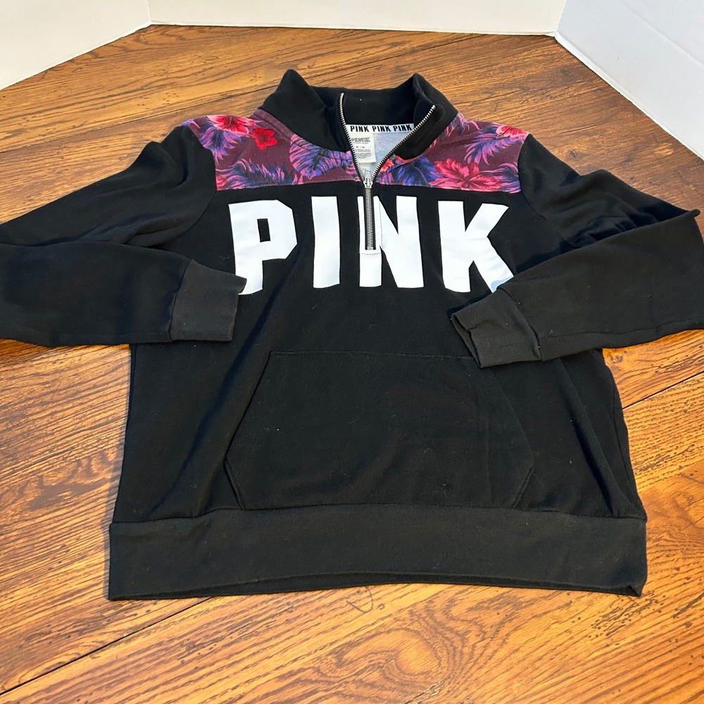 Victorias Secret PINK Quarter Zip Pullover Sweatshirt Black Floral Logo Womens M